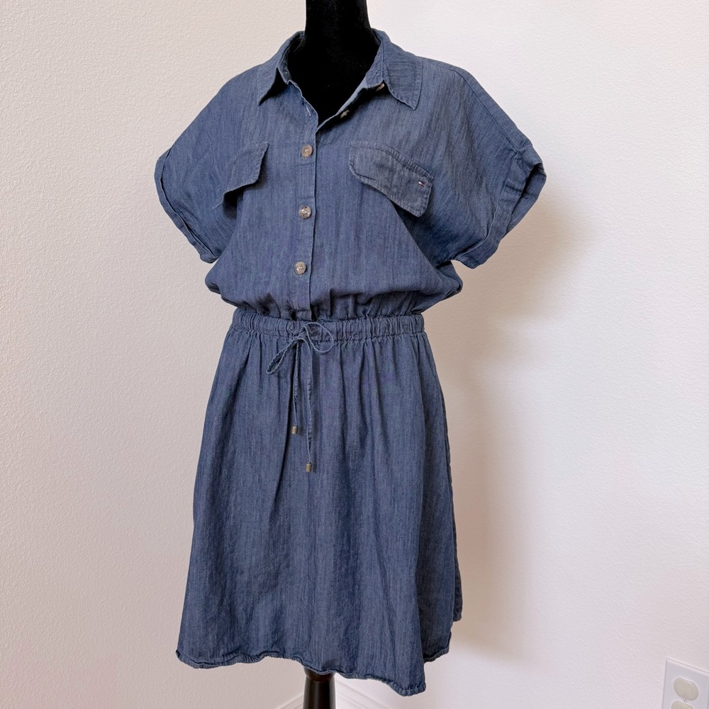 Tommy Hilfiger Chambray Button Down Shirt Dress with Side Pockets Size 10
